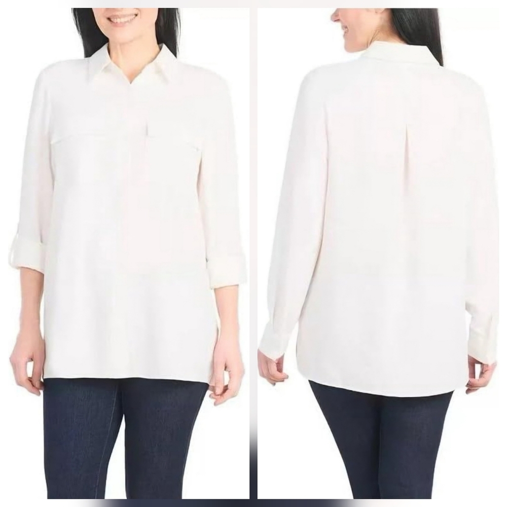 NWT Hilary Radley Women's Ivory Long-Sleeve Collared Tunic Blouse Sz Large
